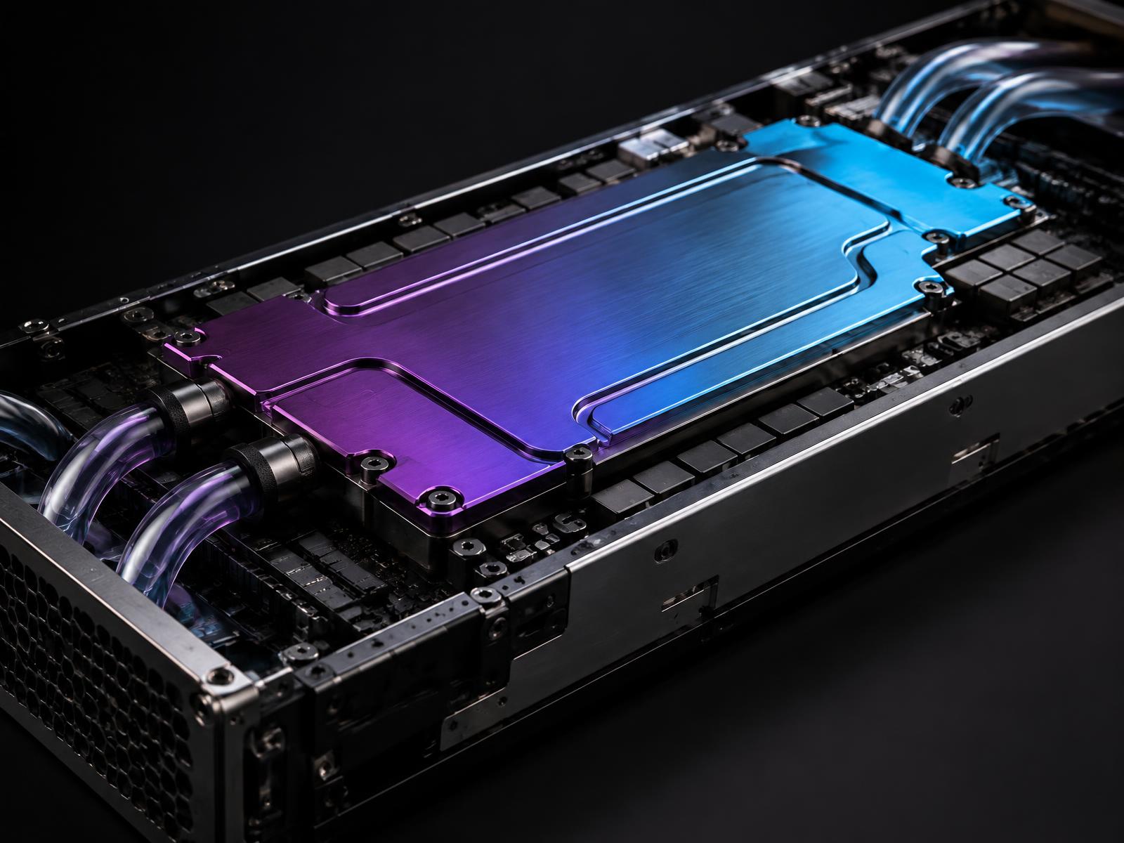 Liquid-cooled GPU module with iridescent cooling plates